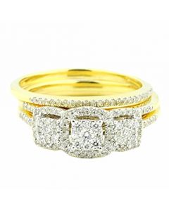 0.5ct Diamond Wedding Set 3pc 10K Yellow Gold 3 Stone Style Halo 7mm Wide