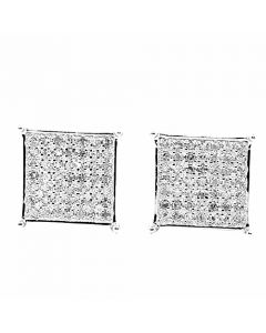 10mm Wide Sterling Silver Fashion Earrings Mens 0.3ctw Diamonds Screw Back Square