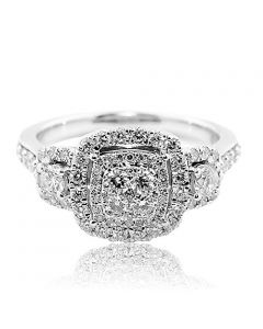 0.99ct Bridal Wedding Ring 10K White Gold 11mm Wide Double Halo 3 Stone Style
