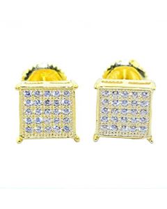 Mens Or Womens Stud Earrings Gold Tone Princess Shaped Pave CZ Screw Back 8MM