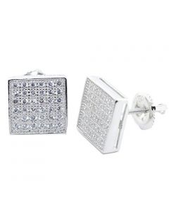 Mens Stud Earrings Sterling Silver Square Shaped CZ Screw Back 9.5MM Sterling Silver