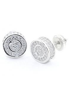 Mens Stud Earrings Sterling Silver Round Disc Cube Earrings With CZ Screw Back 9.5MM