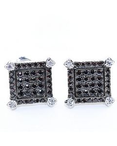 Mens Stud Earrings Black CZ Square Screw Back 10.5MM Sterling Silver