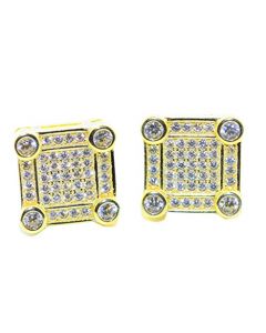 Mens Stud Earrings Iced Out Gold Tone Fashion CZ Screw Back 10.5MM Sterling Silver