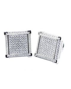 Mens Stud Earrings Large Square Iced Out CZ Screw Back 12.5MM Sterling Silver