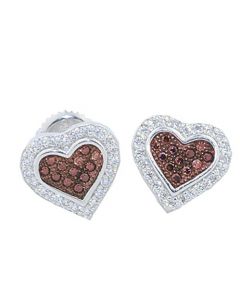 Heart Earrings With Cognac And White CZ Screw Back 9MM Sterling Silver