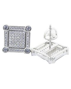 Mens Stud Earrings Sterling Silver Square Shaped Pave Fashion Large CZ Screw Back 13MM