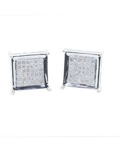 9.5mm Wide Square Earrings Pave Set Diamonds 1/4cttw Screw Back White Gold Tone Silver