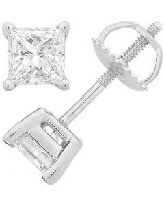 Princess Cut Diamond Stud Earrings Screw Back 0.21cttw Diamonds White Gold Tone Silver 4 Prong