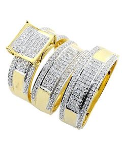 14K Yellow Gold Trio Rings Set His and Her Rings 1cttw Diamonds Mens Extra Wide Set