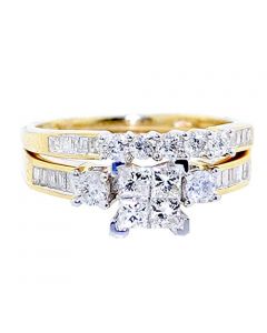 10K Yellow Gold Bridal Set 1cttw Princess Cut Round And Baguette Diamonds