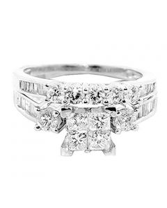 10K White Gold Bridal Set 1.5cttw Princess Cut Round And Baguette Diamonds