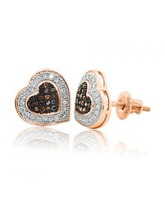 10K Rose Gold Diamond Heart Earrings Cognac and White Ladies 1/5cttw Screw Back