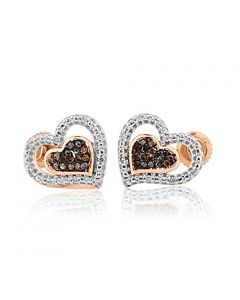 10K Rose Gold Diamond Heart Earrings Cognac and White Ladies 0.13cttw Screw Back