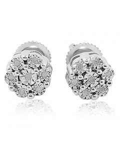 Diamond Earrings Flower Ladies 0.05cttw Screw Back Stud 925 Sterling Silver
