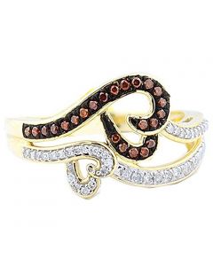 10K Gold Cognac Diamond and White Diamond Twin Hearts Ring 1/4cttw