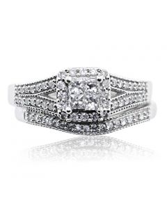10K White Gold Bridal Wedding Set Princess cut Diamonds 1/2cttw Split Shoulder (i2/i3, I/j)