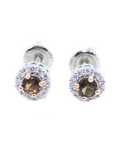 Silver Earrings Chocolate and White Halo Style Screw Back Two Tone 7mm Ladies Earrings