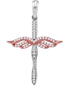 10K White Gold Cross With Diamonds and Rose Gold Tone Angel Wings 1/6cttw 30mm Tall