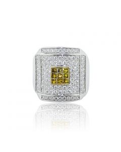 14K White Gold Mens Pinky Fashion Ring 1.4cttw Diamonds Princess Cut Yellow Diamonds (i1/i2, h/i)