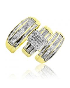 Yellow Gold Trio Wedding Set Men's Women Rings Real 3/4 cttw Diamonds Pave (I/j Color 0.65cttw)