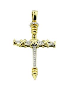 Diamond Nail Cross Pendant 10K Yellow Gold 0.08cttw 37mm Tall Cross Charm(i2/i3, I/j)