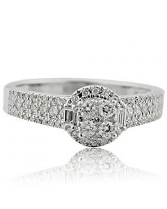 14K White Gold Engagement Ring Halo Style 0.4cttw 7mm Wide With Baguette Side(i2/i3, I/J)