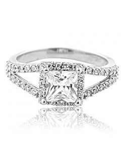 10K White Gold Engagement Ring With Princess Cut and Split Shoulder 8mm Wide 1.5ctw CZ