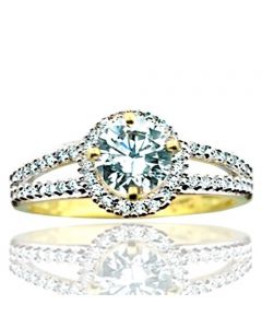 10K Yellow Gold Halo Style Engagement Ring With Split Shoulder 9mm Wide 1.5ctw CZ