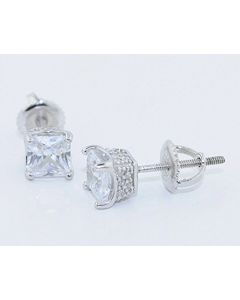 Sterling Silver Princess Cut Stud Earrings with Pave Side Cz Screw Back 6mm Wide