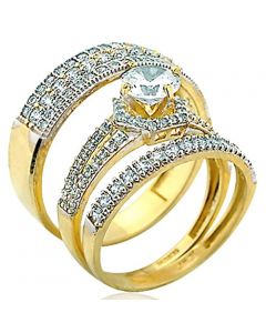 10K Yellow Gold His and Her Trio Rings Set With Cubic Zarcons 16mm Wide