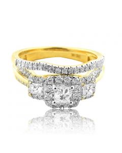 1.00CTTW Wedding Ring Set 14K Yellow Gold 3 Stone Style Princess Cut Center 2pc(i2/i3, I/j)