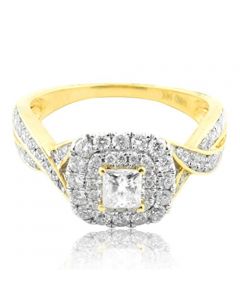 14K Gold Princess Cut Engagement Ring 1.00ctw Diamonds Double Halo 9mm Wide(i2/i3, i/j)