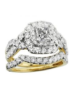 14K Yellow Gold Wedding Ring Set Princess Cut 1/2ct Center 2.00cttw Diamonds 12mm Wide (i1/i2, i/j)