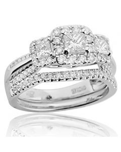1.00ctw Diamond Bridal Wedding Ring Set 14K White Gold Princess Cut 3 Stone Center(i2/i3, i/j)