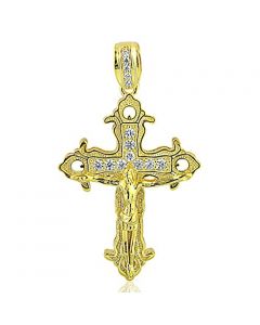 Cross Pendant Mens Medium Size Yellow Gold-Tone Silver With Cz 50mm