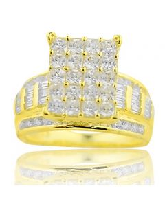 Sterling Silver Wedding Ring Wide With Large Cluster on Top Baguette and Round CZ Gold-Tone