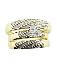 10k Yellow Gold His and Her Trio Diamond Wedding Ring Set 0.40cttw Diamonds.
