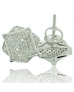 10K White Gold Diamond Earrings Mens 0.30ctw Pave Set Double Square Shaped 12mm Wide