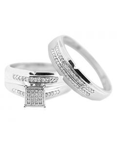 10K White Gold His and Her Rings Set 0.15ctw 3pc Set 