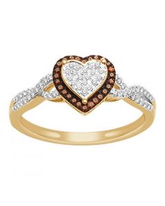 Heart Ring 1/5ctw Diamond 10K Yellow Gold Cognac & White Anniversary Gift Ring.