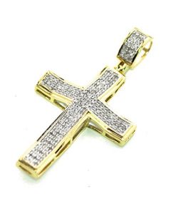 10K Yellow Gold Real Diamond Cross Charm Pendant 1/3ctw 40mm Tall 1.57 Inch 