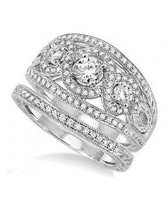 14K White Gold Bridal Set 3-Stone Style Filigree Sides Extra Wide 1.16ctw