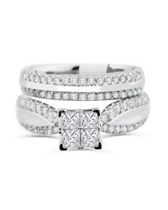 10K White Gold Princess Cut Bridal Set Engagement Ring and Band Cathedral Style 1.30ctw