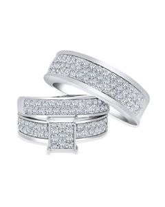 10K White Gold Trio Rings Set His and Her Rings 2.00ctw Diamonds Extra Wide 