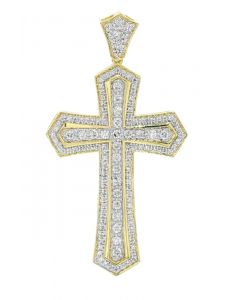 10K Gold Diamond Cross Charm Mens 2.5 Inch Tall 1.5ctw Diamonds