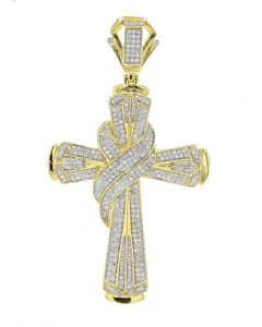 10K Gold Diamond Cross Pendant Mens Large 0.96ctw Diamonds 2.2 Inch Tall