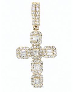 14K Gold Cross Baguette and Round Diamonds 1.49ctw 1.5 Inch Tall Mens or Womens