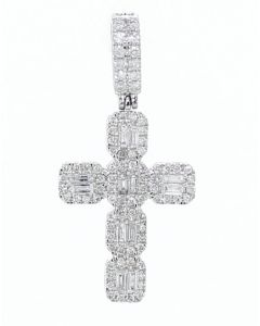 14K White Gold Cross Baguette and Round Diamonds 1.49ctw 1.5 Inch Tall Mens or Womens