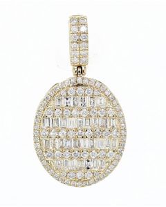 14K Gold Baguette and Round Diamond Medallion Oval Shaped Iced Out Tray 3.22CtW 1.5 Inch Approx